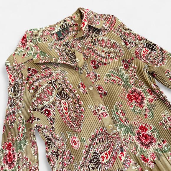 VTG Y2K Serenade NY Light Brown & Red Floral Crinkled Bell Sleeve Collared Top L - Picture 7 of 8